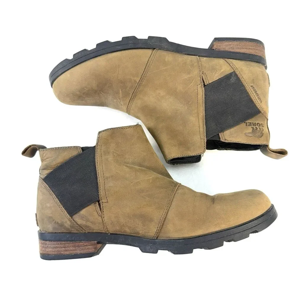 Sorel Emelie NL2671-245 Chelsea Women's 10 Tan Leather Ankle Pull On Boots Brown